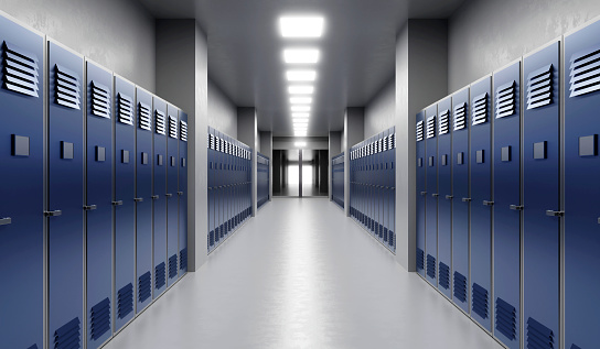 Long school corridor with blue lockers , 3d render