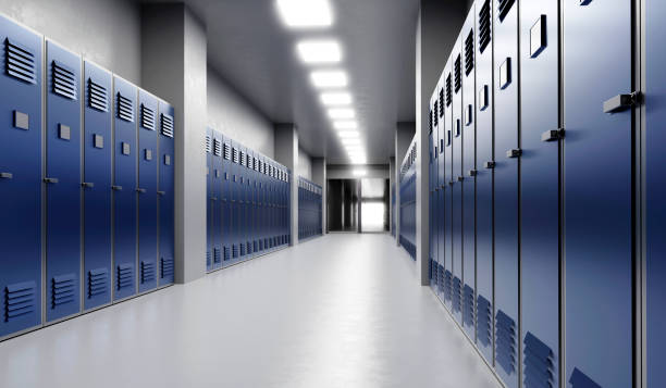 istock Long school corridor with blue lockers , 3d illustration 1408621736