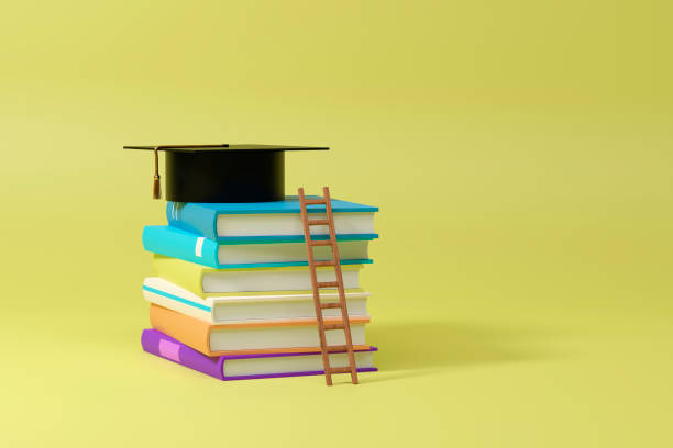 istock Stack books with ladder and black square academic cap on top isolated on yellow background, 3d . 1408621744