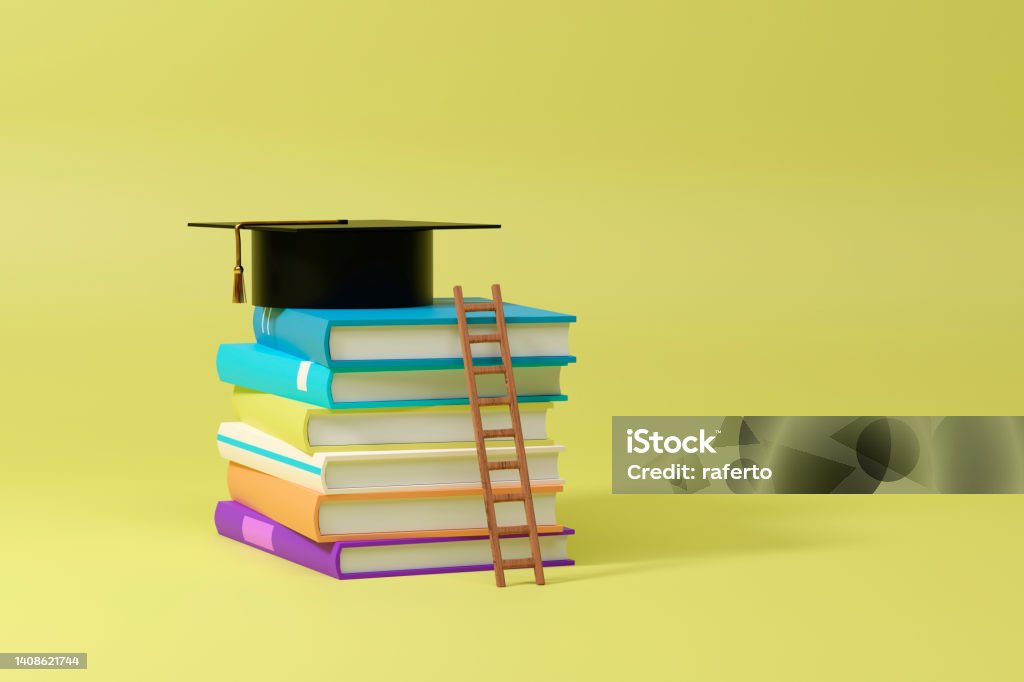 Stack books with ladder and black square academic cap on top isolated on yellow background, 3d . 3D Rendering of Graduation Cap, Books and staircase on blue background. Realistic 3d shapes. Education concept. Efforts to complete the study. Book Stock Photo