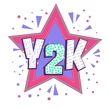 Trending Y2K symbol. Disco style. Late 90s early 2000s. Trendy, free, bubbly, fun aesthetic. Nostalgia concept. Editable vector illustration in bright pink, lime, violett colors.