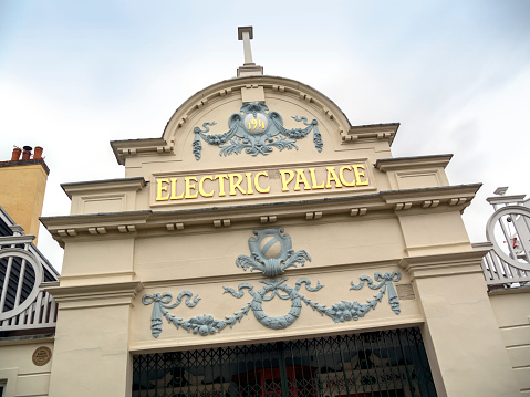 Sign above the Electric Palace cinema in Harwich, Essex. This historic cinema is one of the world’s oldest purpose-built cinemas as is Grade II listed. It was opened in 1911 and is still in regular use as a cinema as well as hosting concerts and other events.