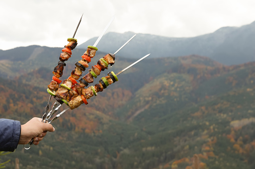 Man holding metal skewers with delicious meat and vegetables against mountain landscape, closeup