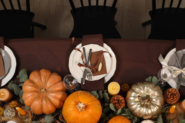 istock Beautiful autumn place setting and decor on table, flat lay 1408622659