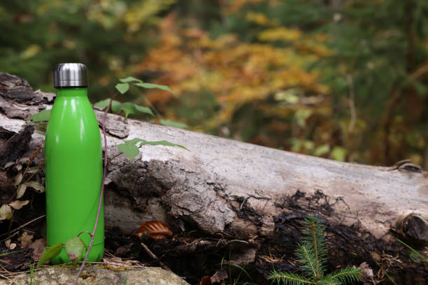 istock Green thermo bottle near log in forest 1408622986