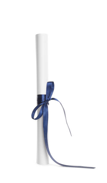 istock Rolled student's diploma with blue ribbon isolated on white 1408623738