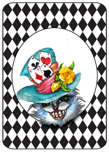 illustrazioni stock, clip art, cartoni animati e icone di tendenza di alice nel paese delle meraviglie personaggi disegnati a mano ad acquerello su grunge vintage bandiera del circo a scacchiera di diamanti in bianco e nero - mad hatter