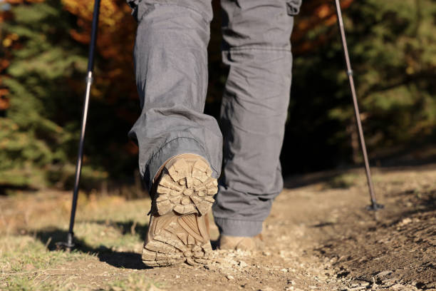 istock Hiker with trekking poles walking outdoors on sunny day, closeup 1408624766