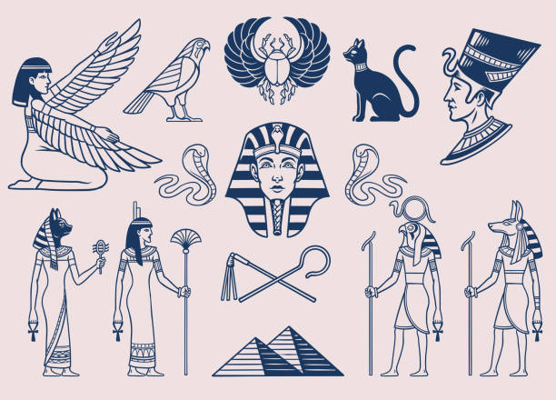 ilustraciones, imágenes clip art, dibujos animados e iconos de stock de conjunto de estilo en blanco y negro de objetos egipcios antiguos - tourist egypt pyramid pyramid shape