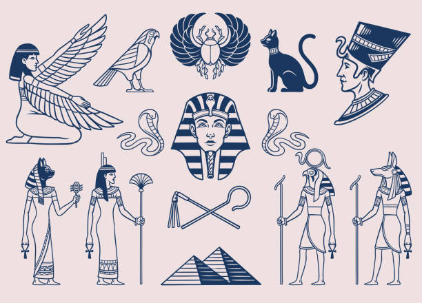 illustrazioni stock, clip art, cartoni animati e icone di tendenza di set di stile in bianco e nero di oggetti egiziani antichi - the sphinx immagine