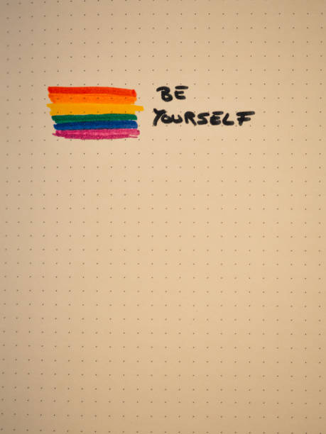 Rainbow flag painted on white sheet with copy space and phrase Be yourself