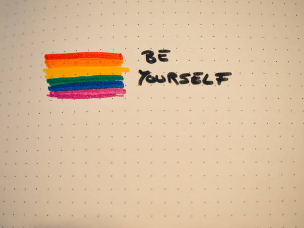 istock Rainbow flag painted on white sheet with copy space and phrase Be yourself 1408626991