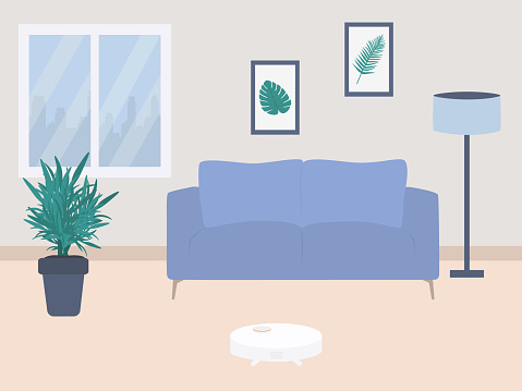 Home Cleaning Concept With Robot Cleaner. Living Room Interior With Robot Cleaner, Sofa, Potted Plant And Floor Lamp.