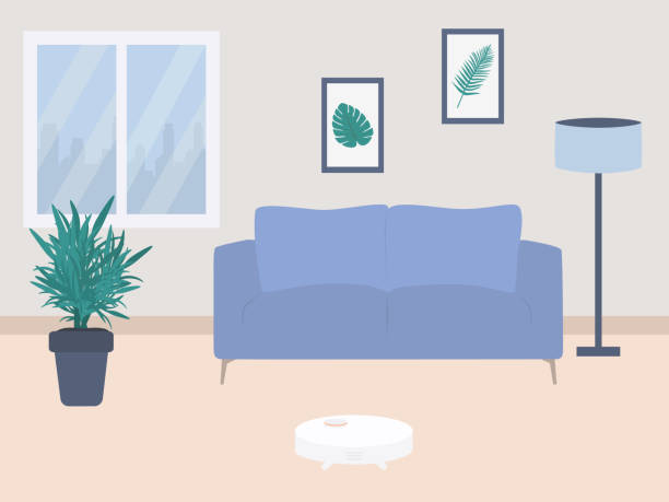 Home Cleaning Concept With Robot Cleaner. Living Room Interior With Robot Cleaner, Sofa, Potted Plant And Floor Lamp. vector art illustration