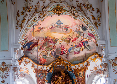 Andechs, bavaria, germany, june 03, 2022 : central dome cupola of  Andechs abbey church, by scultptor Johann Baptist Straub, and painter Johann Baptist Zimmermann for frescoes and stuccoworks, 18th century