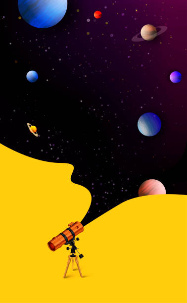 ilustrações, clipart, desenhos animados e ícones de uma visão do distante céu noturno cósmico através de um telescópio astronômico - science planet space rocket
