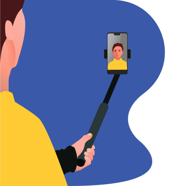 The man is holding a selfie stick,The man is holding a cell phone video call vector art illustration