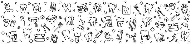 стоматологические узоры с линейными иконками, модный вектор линейного стиля - laboratory dentures dental hygiene human teeth stock illustrations