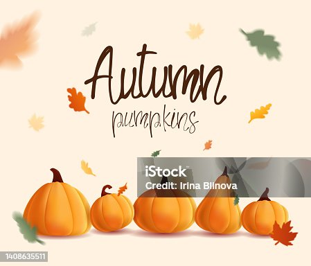 istock Banner autumn with illustration of realistic pumpkins and flying leaves. 1408635511
