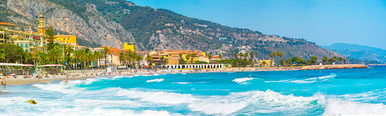 Menton, France - June 29, 2022: panoramic view on old part of Menton, Provence-Alpes-Cote d'Azur. tourist attraction, travel guide and sights of city breaks. travelling, landmarks, postcard banner