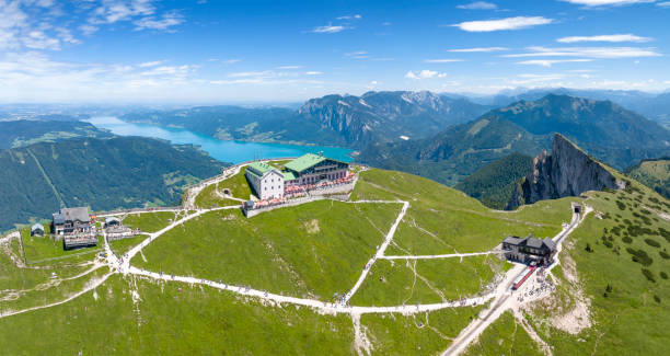 Schafberg Aerial Panorama, Salzburg, Salzkammergut, Austria Aerial Panorama of the famous Schafberg with the steam cog railway leading to the summit attersee stock pictures, royalty-free photos & images