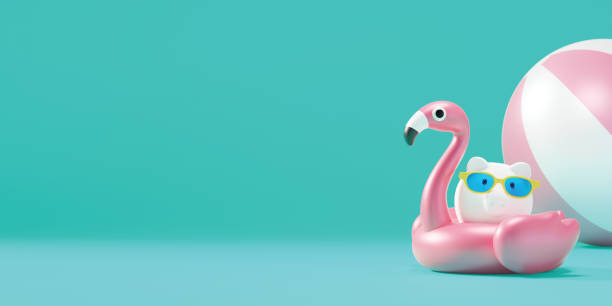 projekt koncepcyjny skarbonki z okularami przeciwsłonecznymi i nadmuchiwanym renderem 3d flamingo - plastic flamingo zdjęcia i obrazy z banku zdjęć