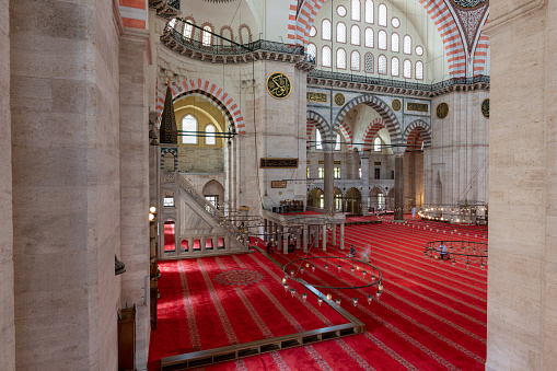 Suleymaniye Mosque interior, tourist visits,\nPhotographed in Fatih district in Istanbul