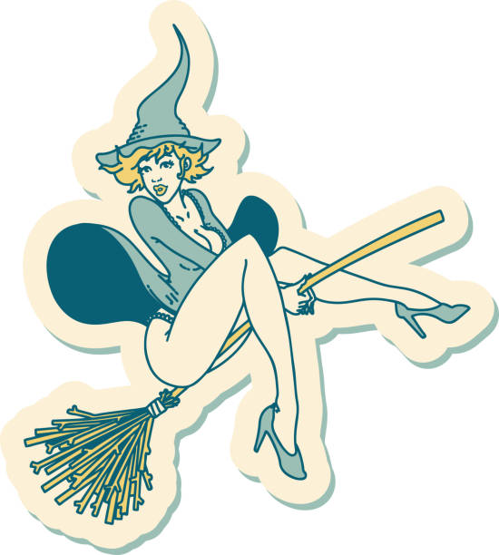 tattoo style sticker of a pinup witch sticker of tattoo in traditional style of a pinup witch pin up tattoo stock illustrations