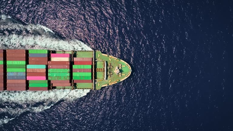 Top view of a loaded cargo container ship