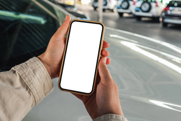 istock Mockup blank screen mobile phone for app or web site mockup promotion. Ideal for auto dealership, automobile service online, smart car concept, Car shopping online. 1408640629