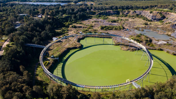 Aerial drone view of Brickpit Ring Walk in Bicentennial Park at Sydney Olympic Park, an Inner West suburb of Sydney, NSW, stock photo
