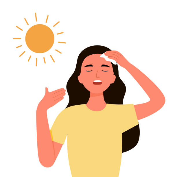 ilustraciones, imágenes clip art, dibujos animados e iconos de stock de mujer joven que sufre de síntoma del movimiento de calor. tenía mareos y sudor en verano de clima caluroso. - ola de calor