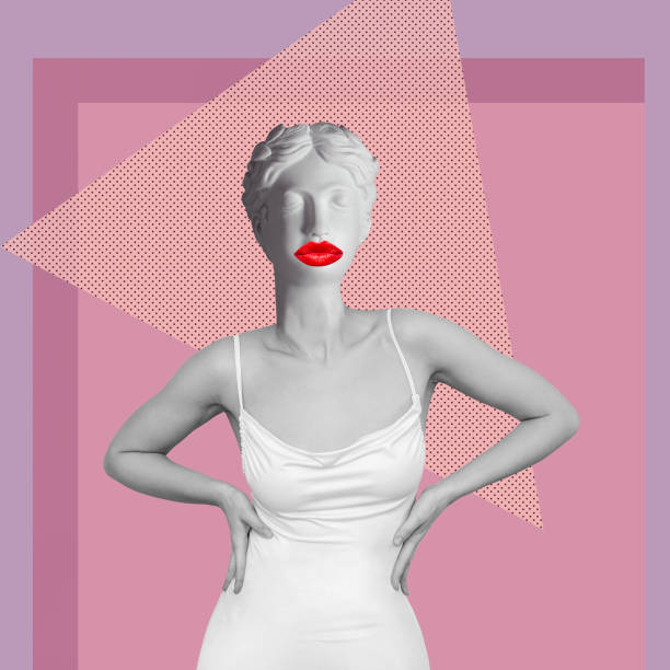 Young woman in white elegant dress headed by antique female statue with red lips. Contemporary art Young woman in white elegant dress headed by antique female statue with red lips isolated on abstract color pink background. Trendy collage in magazine surreal style. Contemporary art. Modern design crazy makeup stock pictures, royalty-free photos & images
