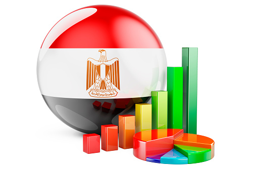 Egyptian flag with growth bar graph and pie chart. Business, finance, economic statistics in Egypt concept. 3D rendering isolated on white background