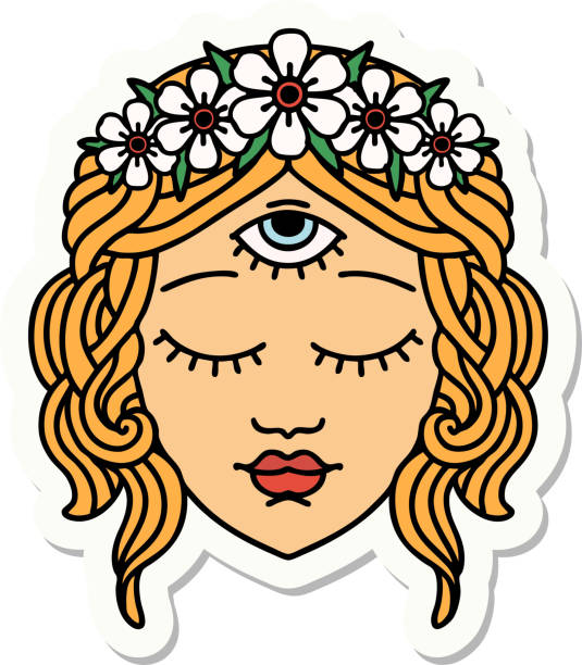 naklejka w stylu tatuażu kobiecej twarzy - third eye illustrations stock illustrations