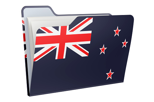 Computer folder icon with New Zealand flag. 3D rendering isolated on white background
