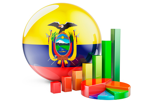 Ecuadorian flag with growth bar graph and pie chart. Business, finance, economic statistics in Ecuador concept. 3D rendering isolated on white background