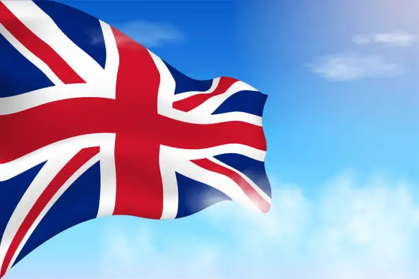 Vector illustration of United Kingdom flag in the clouds.