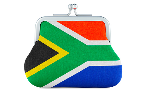 Coin purse with South African flag. Budget, investment or financial, banking concept in South Africa. 3D rendering isolated on white background