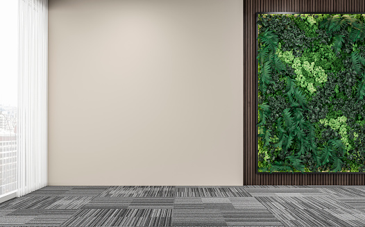 Empty unfurnished office interior with a vertical garden (green plants wall) lush foliage of potted plants (fern, moss, succulents) in front of an empty partly dark brown paneled hardwood wall, partly beige plaster wall background with copy space on gray carpet floor and windows in background. 3D rendered image.