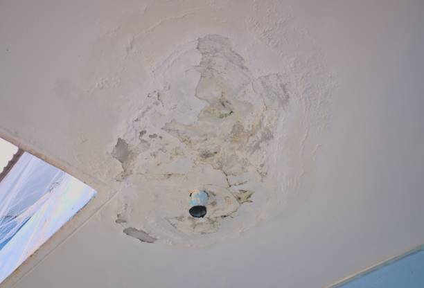 istock The colored concrete ceiling is fading from the humidity. drain from the ceiling Construction mistake, rain pipe, old paint damaged. 1408648894