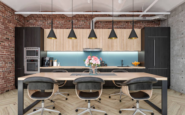 istock Industrial large modern kitchen and dining room 1408648925