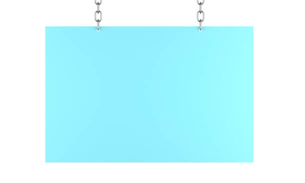 Empty blue poster hanging with metal chain. Blank Placard