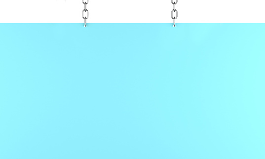 Empty blue poster hanging with metal chain. Blank Placard