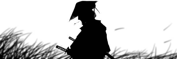 Monochrome silhouette illustration of a sad young samurai chewing grass and wearing a hat, with a background of withering leaves． Monochrome silhouette illustration of a sad young samurai chewing grass and wearing a hat, with a background of withering leaves． samurai stock illustrations