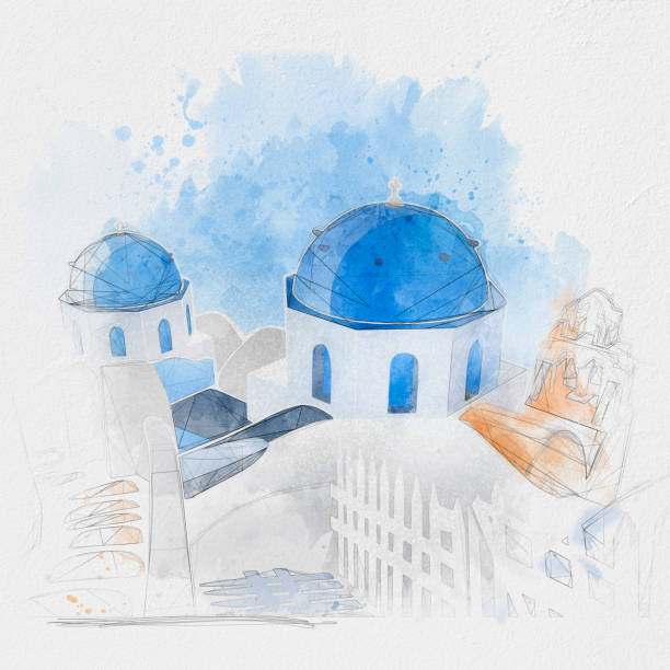ilustraciones, imágenes clip art, dibujos animados e iconos de stock de campanario de santorini y cúpulas azules en oia sobre grecia acuarela - greece greek islands town village