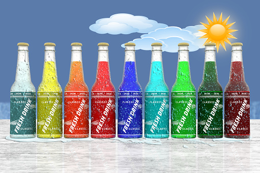 3d illustration. Summer, holidays. Colorful refreshing drink bottles on blue sky background