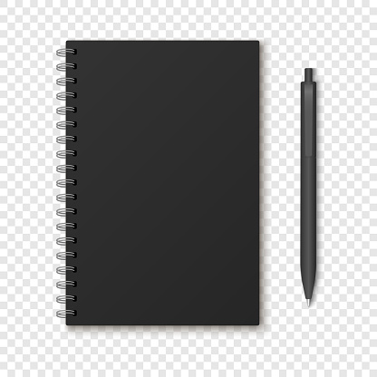 Mockup blank closed notepad  isolated on white background.  Template spiral copybook or organizer. White and black pen.