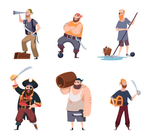 illustrations, cliparts, dessins animés et icônes de pirates. marins agressifs vintage capitaine jack avec rhum et armes vecteur exact personnages de pirates dans des poses d’action - sailor people personal accessory hat