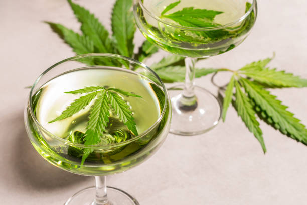 istock SBD hemp cocktail elegant glasses, light concrete background hard shadows, drink made from cannabis 1408656480